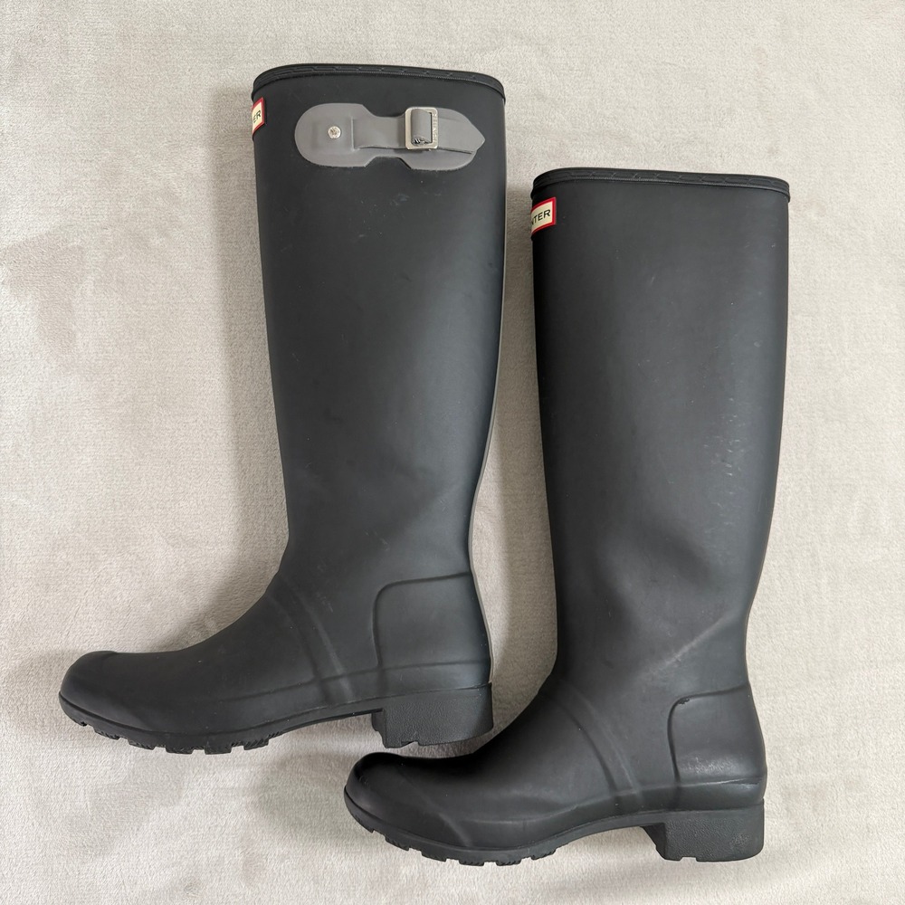 Hunter Original Back Adjustable Tall Rain Boots Black Grey Womens US 8 EU 39